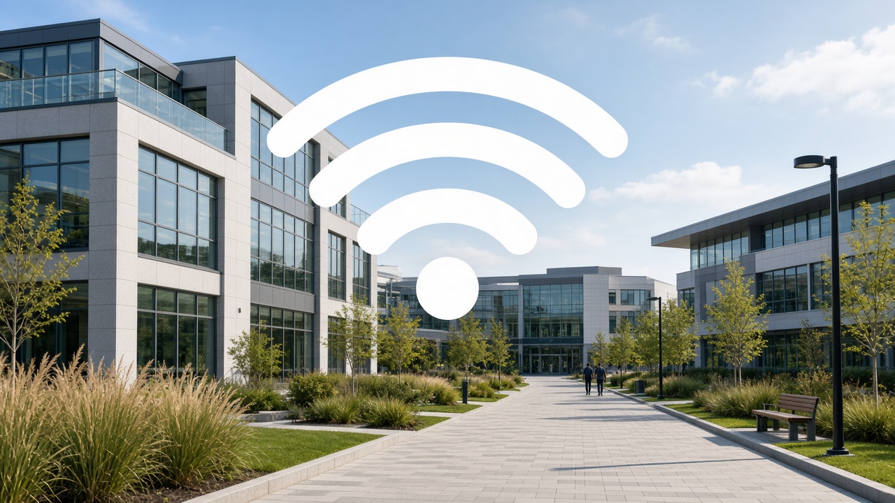 Modern Wi-Fi symbol over a business campus